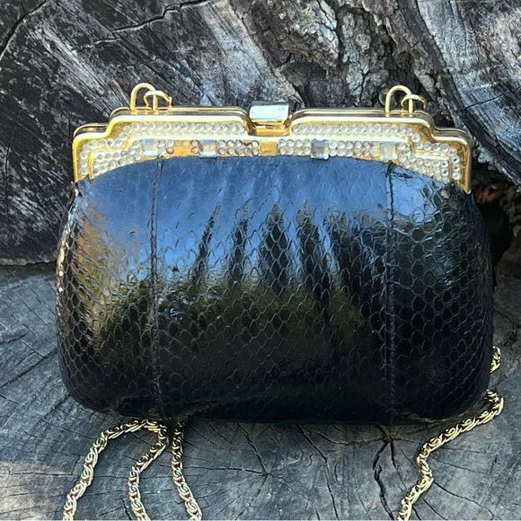 VINTAGE hard clamshell faux snakeskin art deco clutch, shoulder bag - Picture 1 of 10